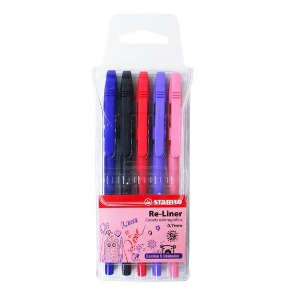 CANETA ESFEROGRÁFICA RE-LINER 0.7MM 5 CORES STABILO